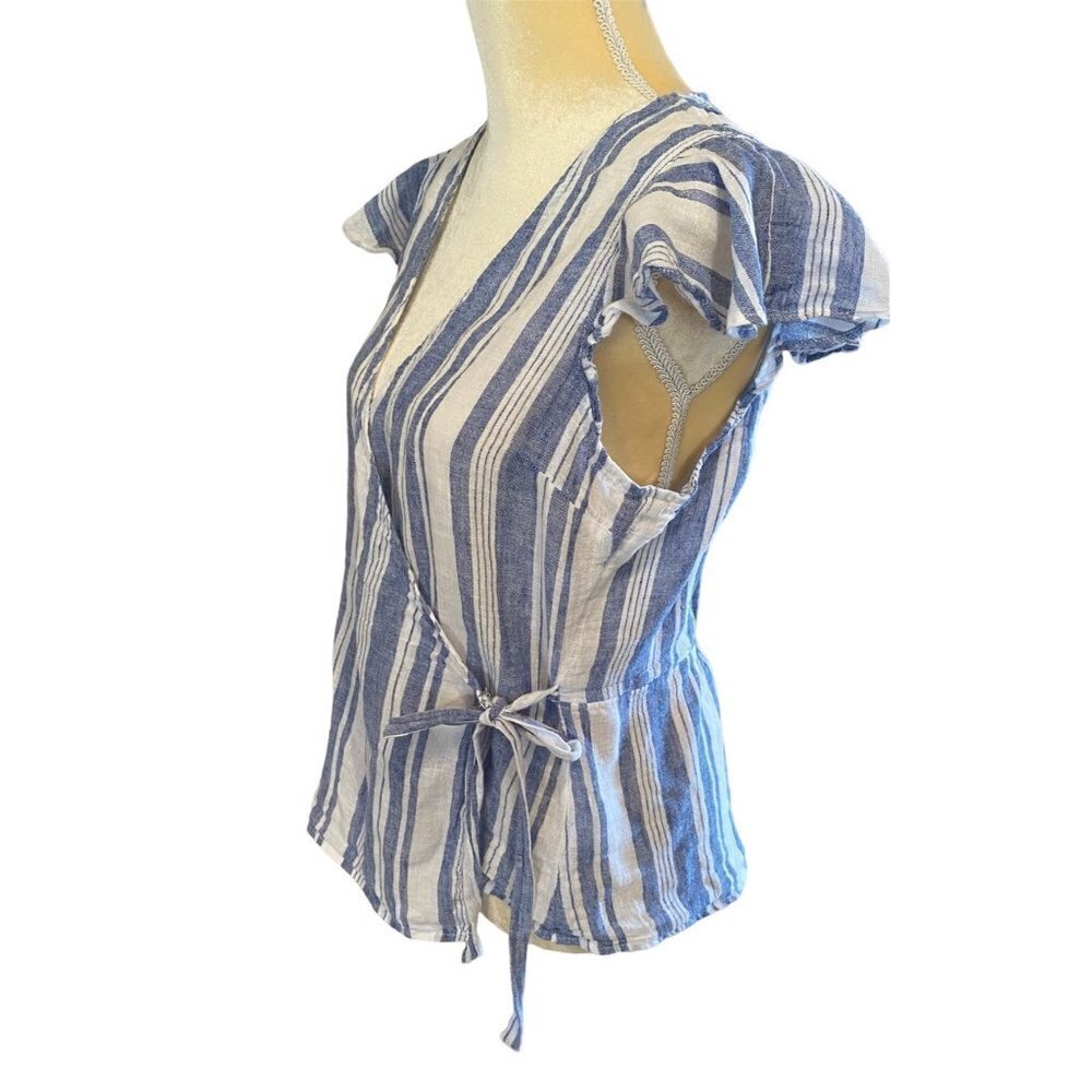 Old Navy Linen Wrap Stripe Blue Top, Medium